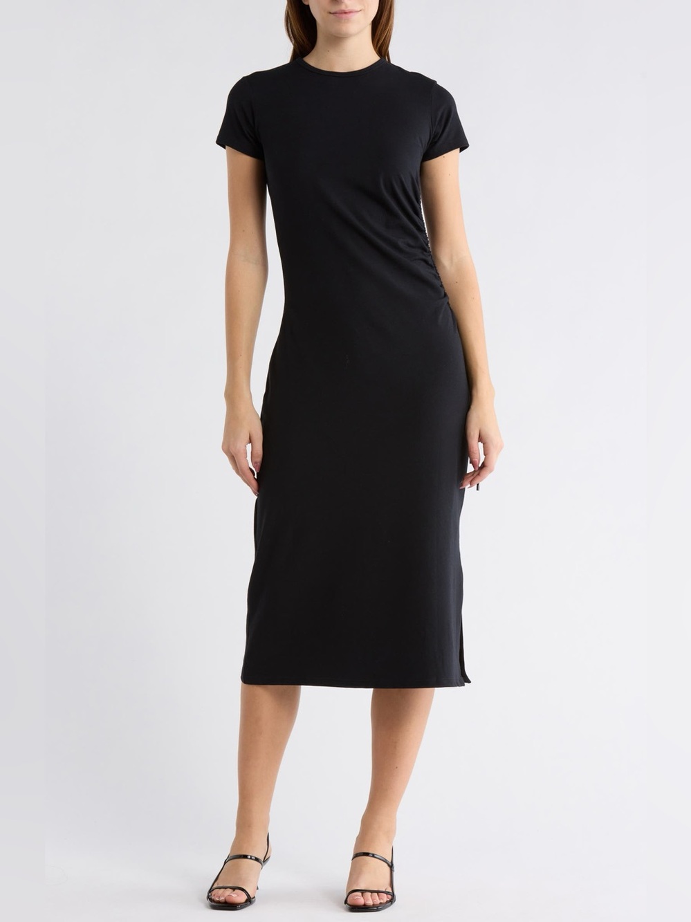 Theory Jilaena Black Short-Sleeve Midi T-Shirt Dress with Synched/Ruched Waist
